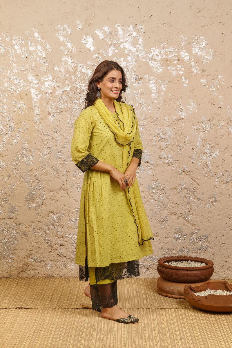 Lime Green Embroidered Kurta With Pants And Dupatta - Naaz By Noor