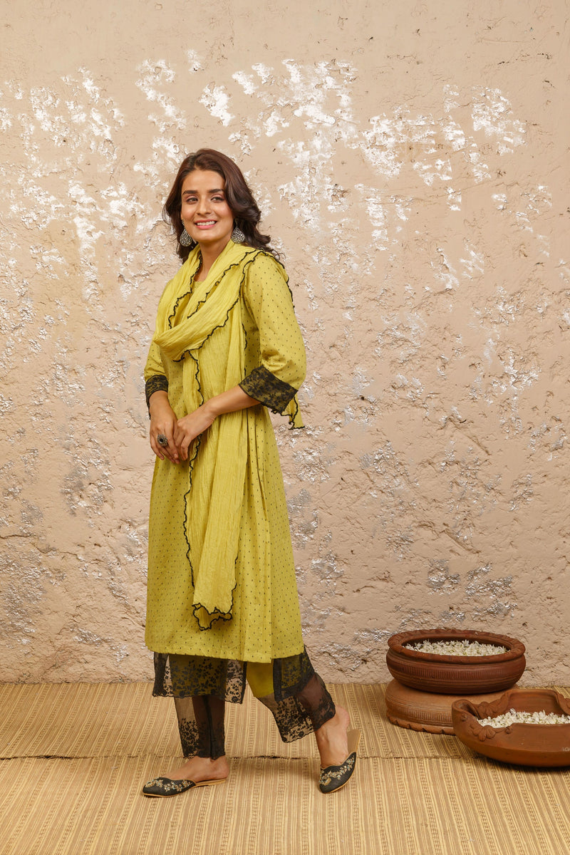Lime Green Embroidered Kurta With Pants And Dupatta - Naaz By Noor