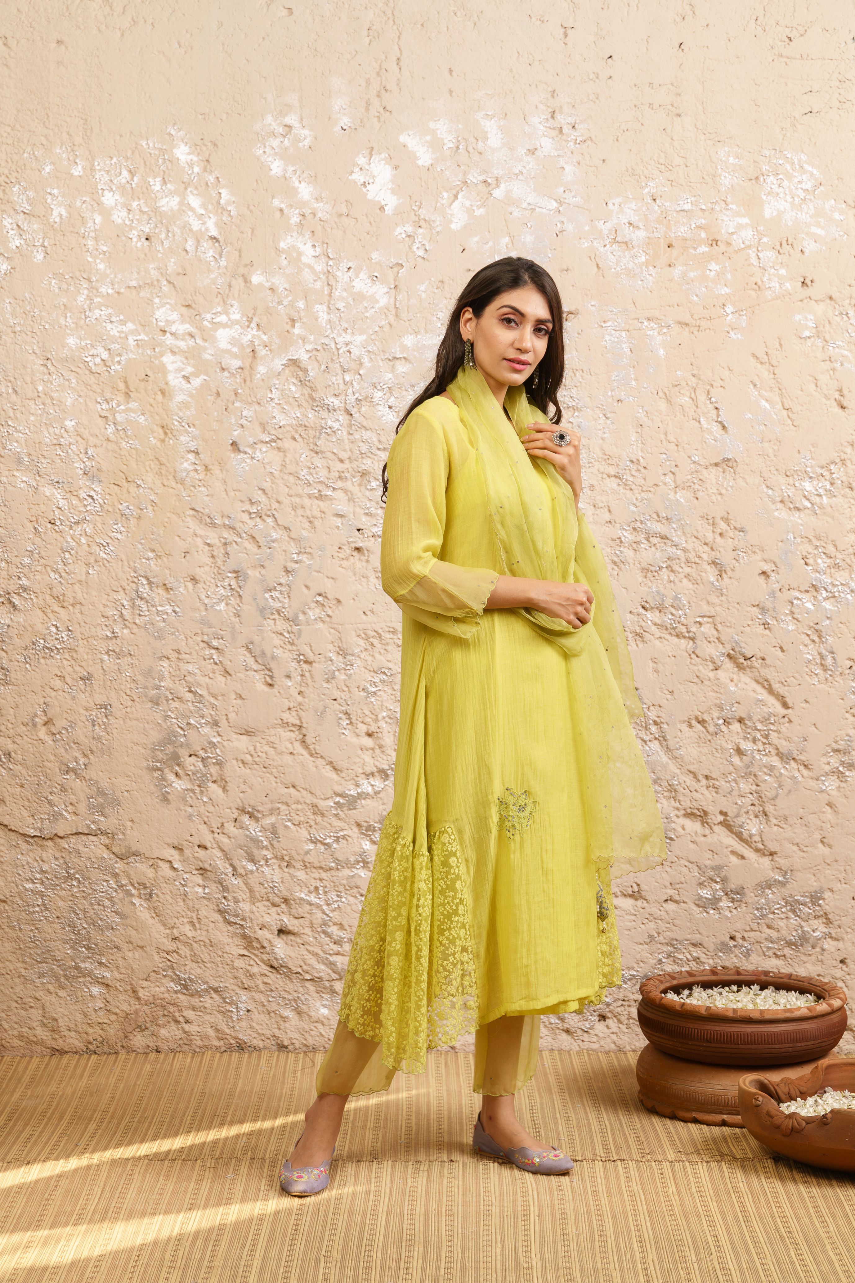 Limegreen Kurta With Pants And Dupatta - Naaz By Noor
