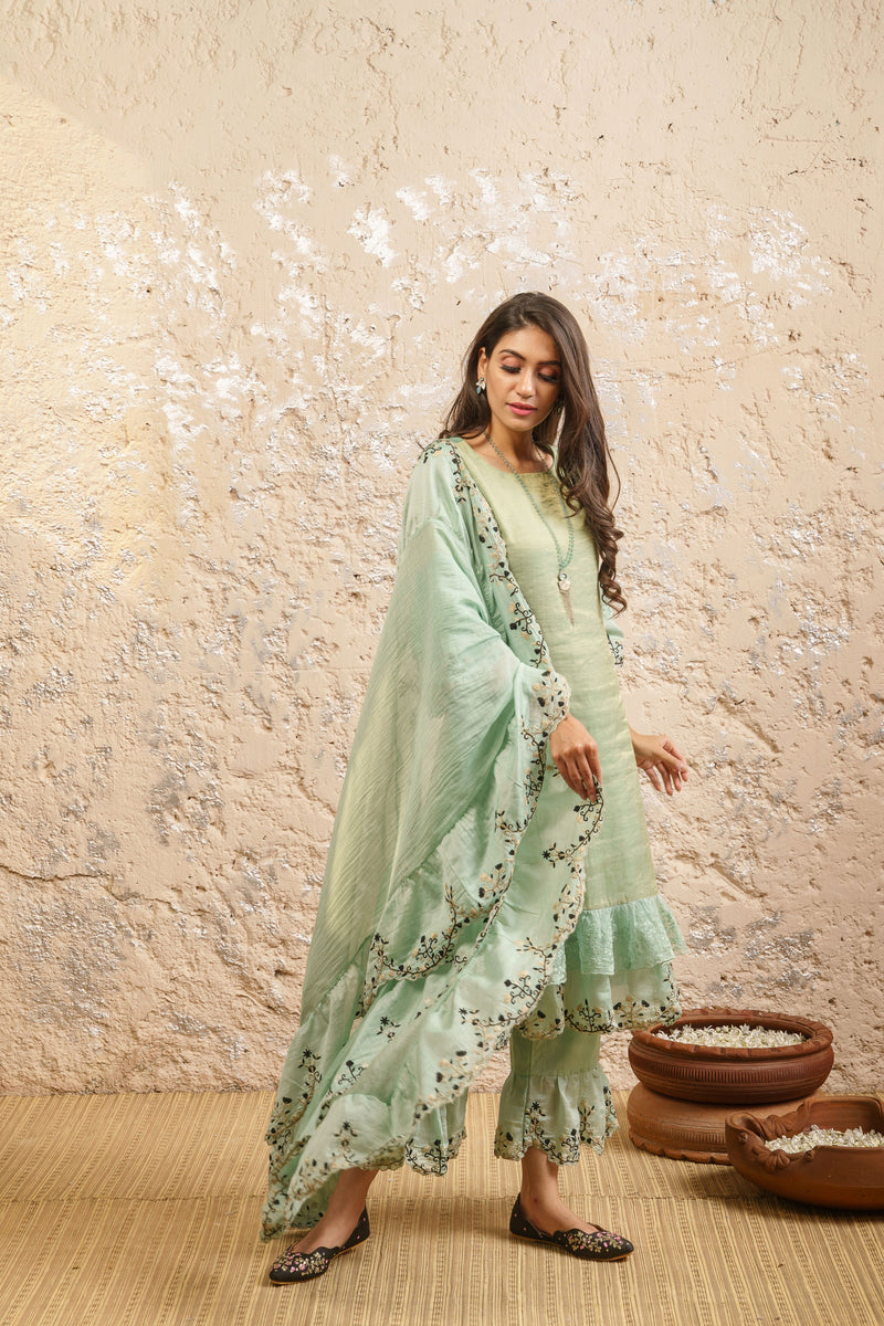 Mint Green Kurta With Pants And Dupatta - Naaz By Noor