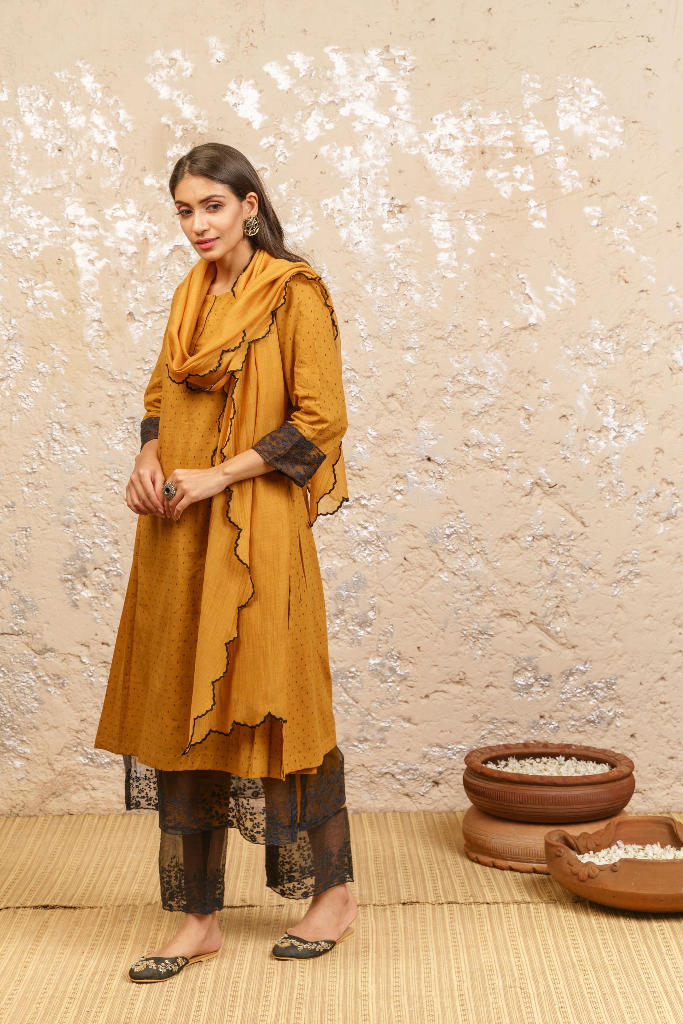 Mustard Embroidered Kurta With Pants (Without Dupatta) - Naaz By Noor