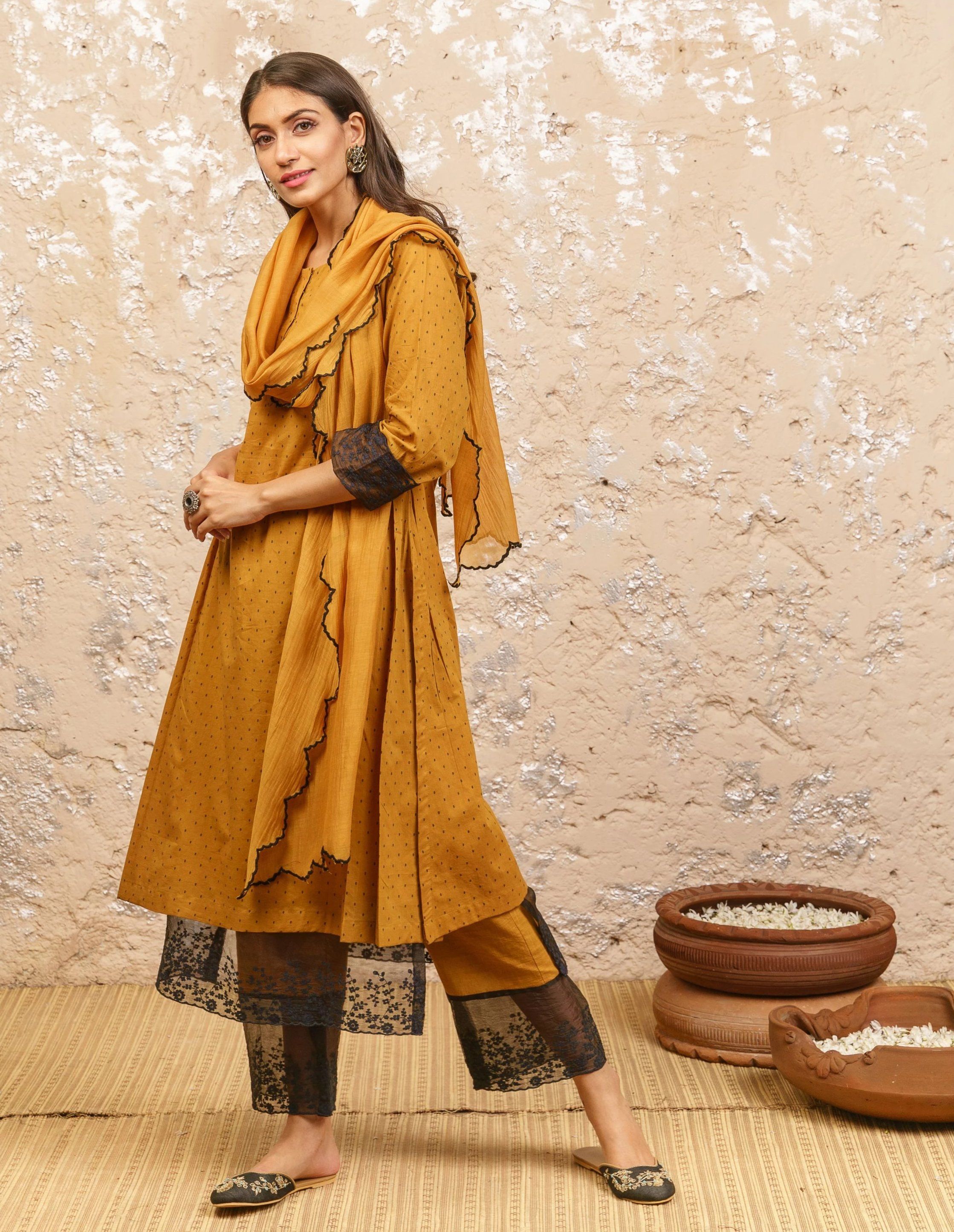 Mustard Embroidered Kurta With Pants (Without Dupatta) - Naaz By Noor