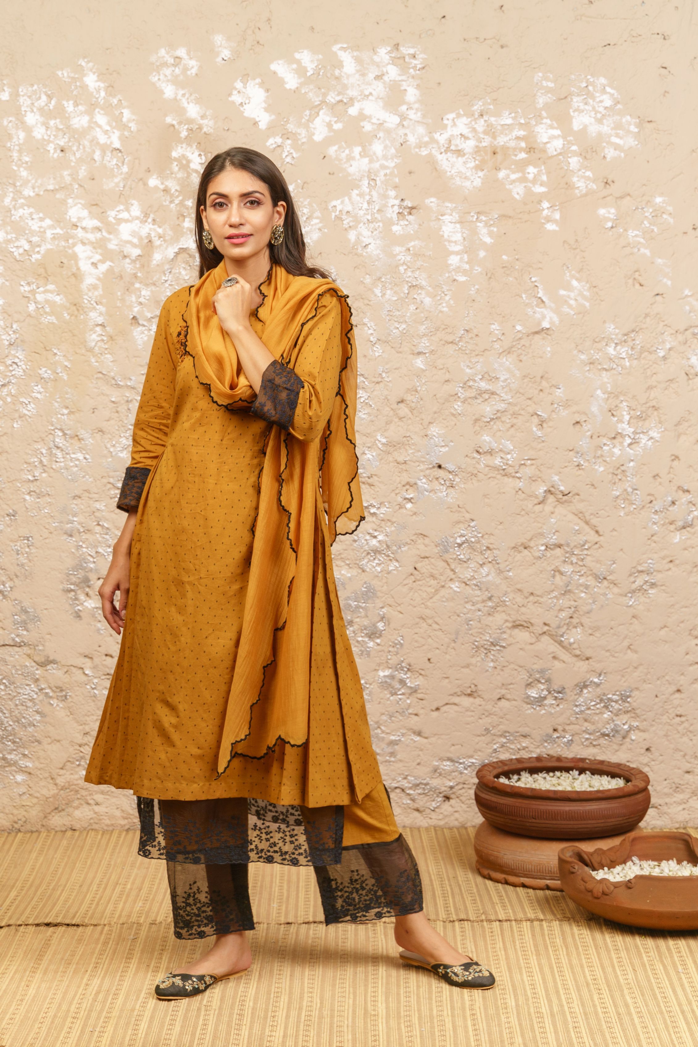 Mustard Embroidered Kurta With Pants (Without Dupatta) - Naaz By Noor