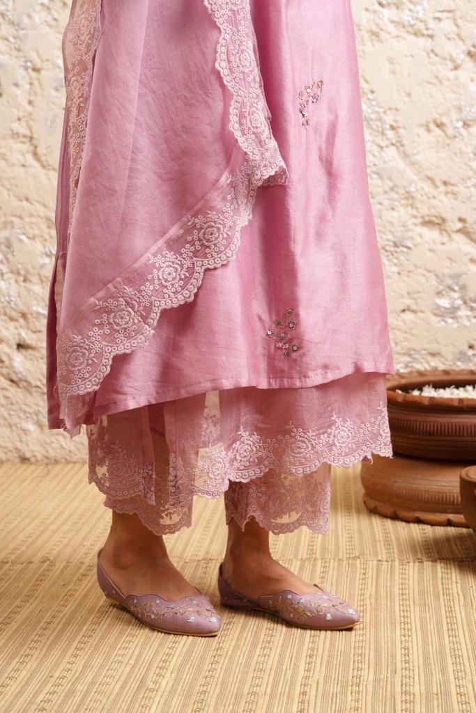Old Rose Embroidered Kurta With Pants And Dupatta - Naaz By Noor