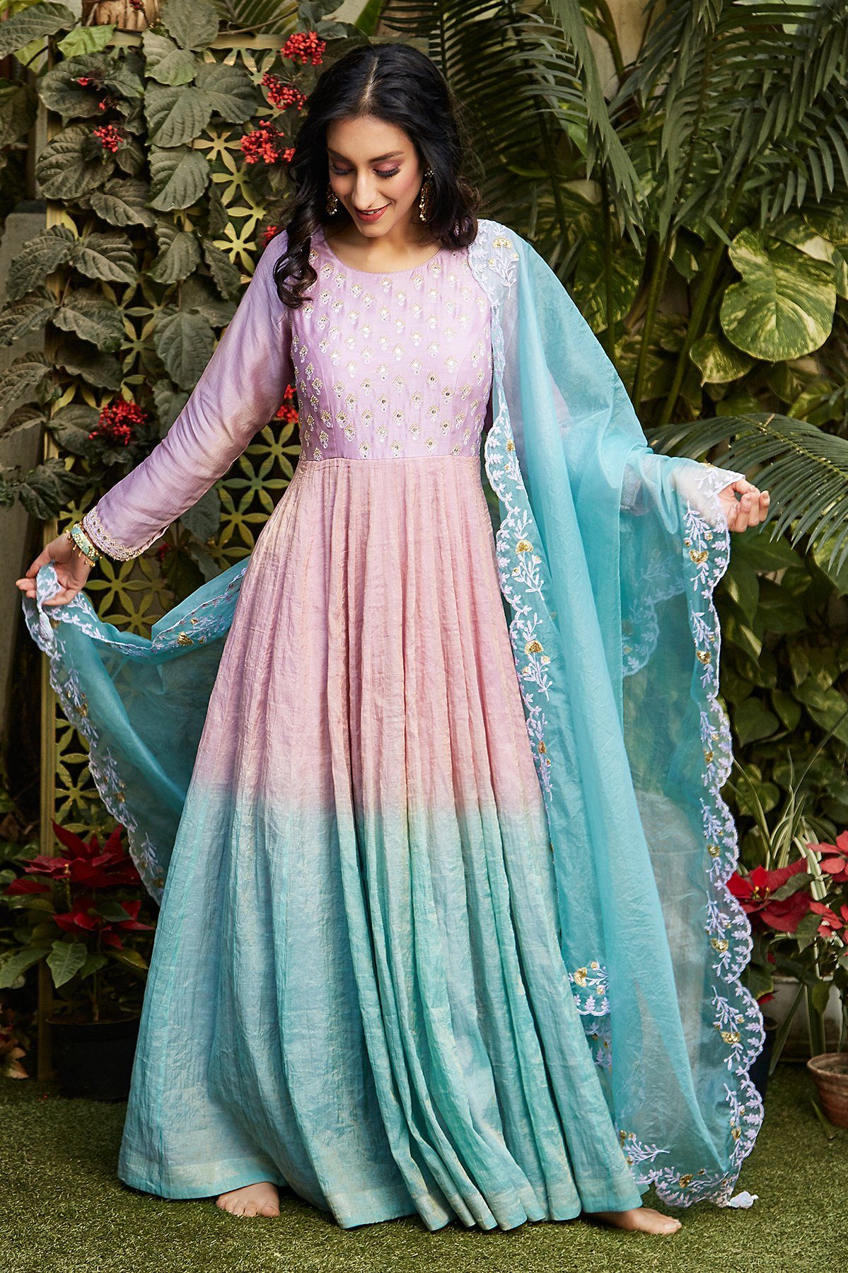 Pink + Blue Ombré Anarkali - Naaz By Noor