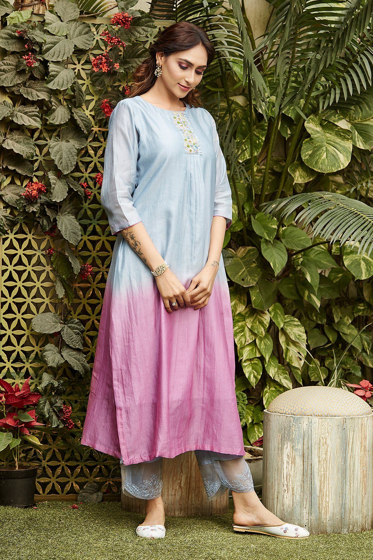 Pink + Blue Ombré Sequins Tunic ( without pants ) - Naaz By Noor