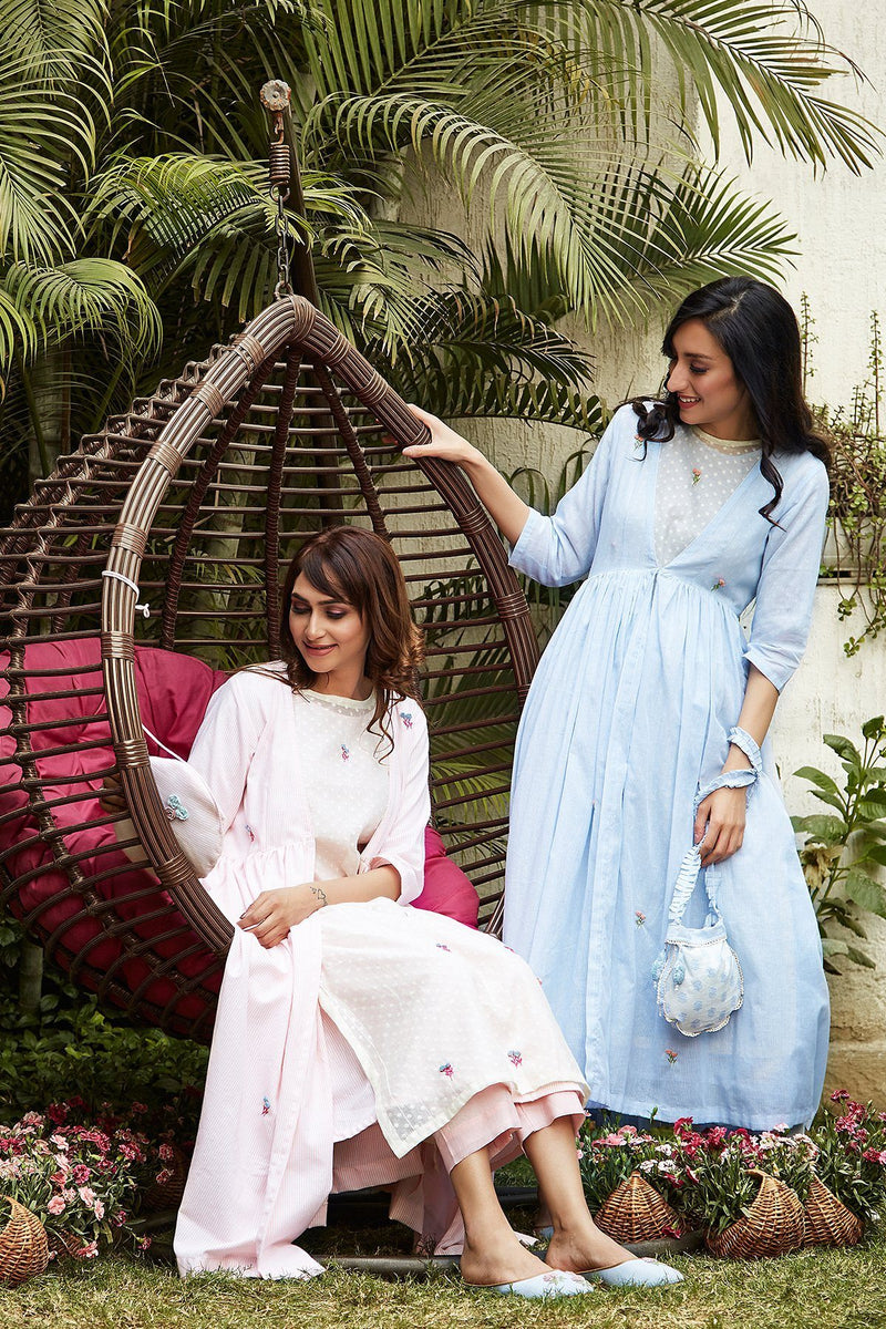 Powder Blue Layered Kurta With Cape ( without pants ) - Naaz By Noor