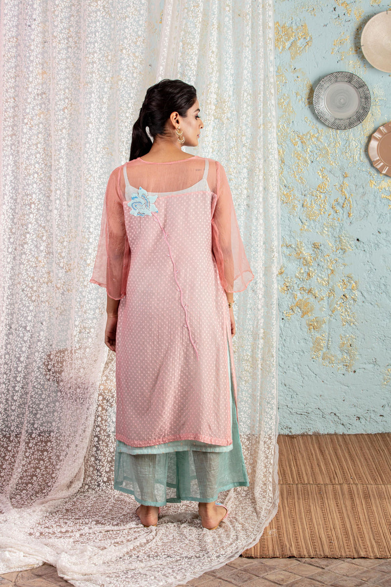 Powder Blue Tunic With Overlay And Pants - Naaz By Noor