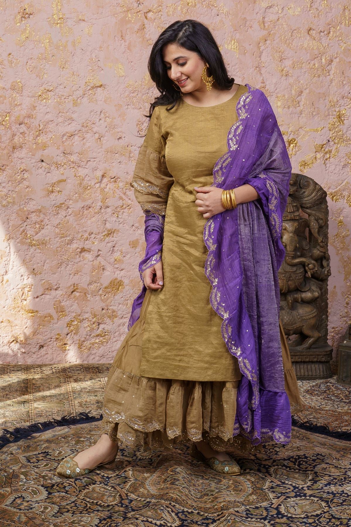 Rich Gold Kurta With Royal Purple Ruffled Dupatta - Naaz By Noor