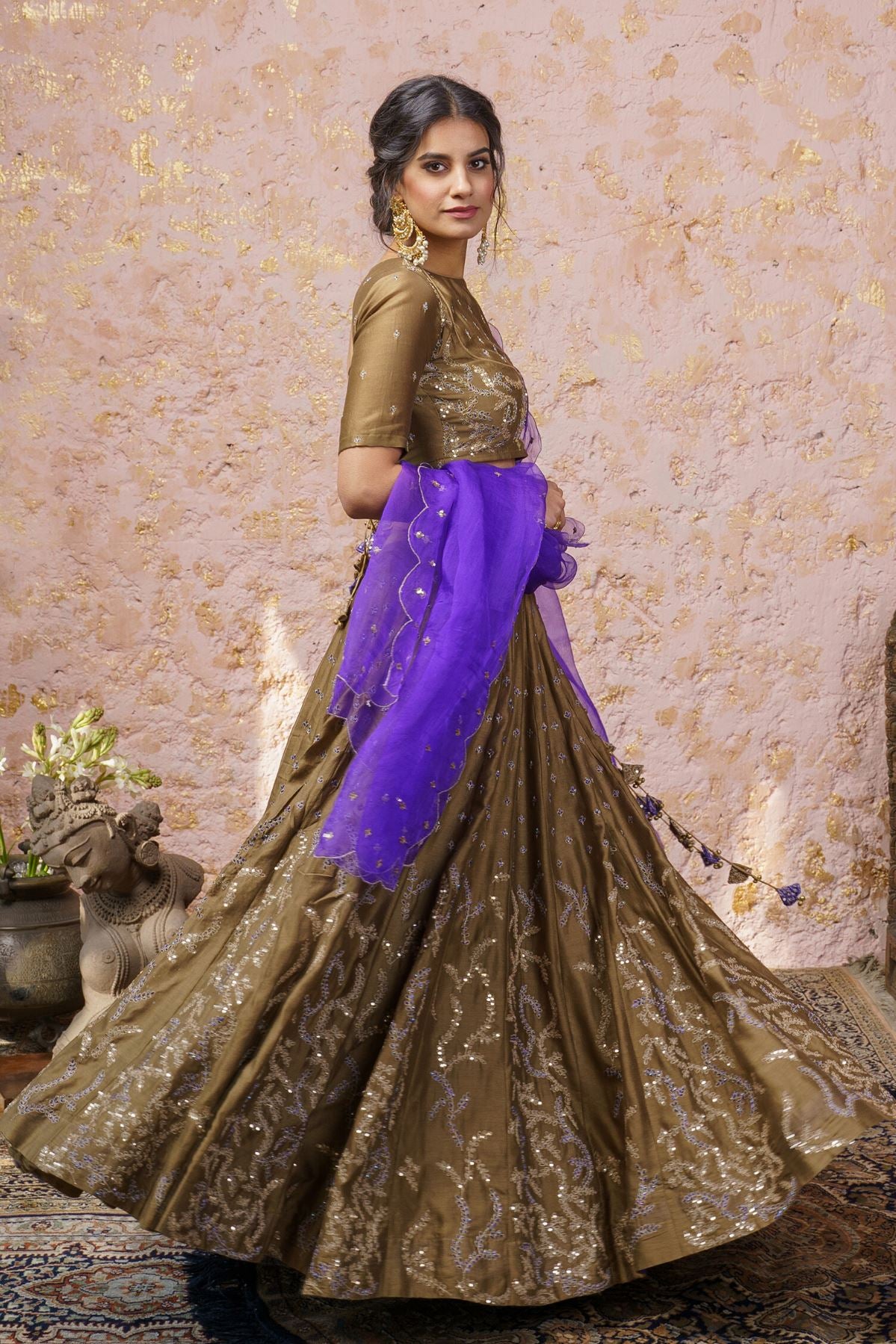 Rich Gold Lehenga Set With Royal Purple Dupatta - Naaz By Noor