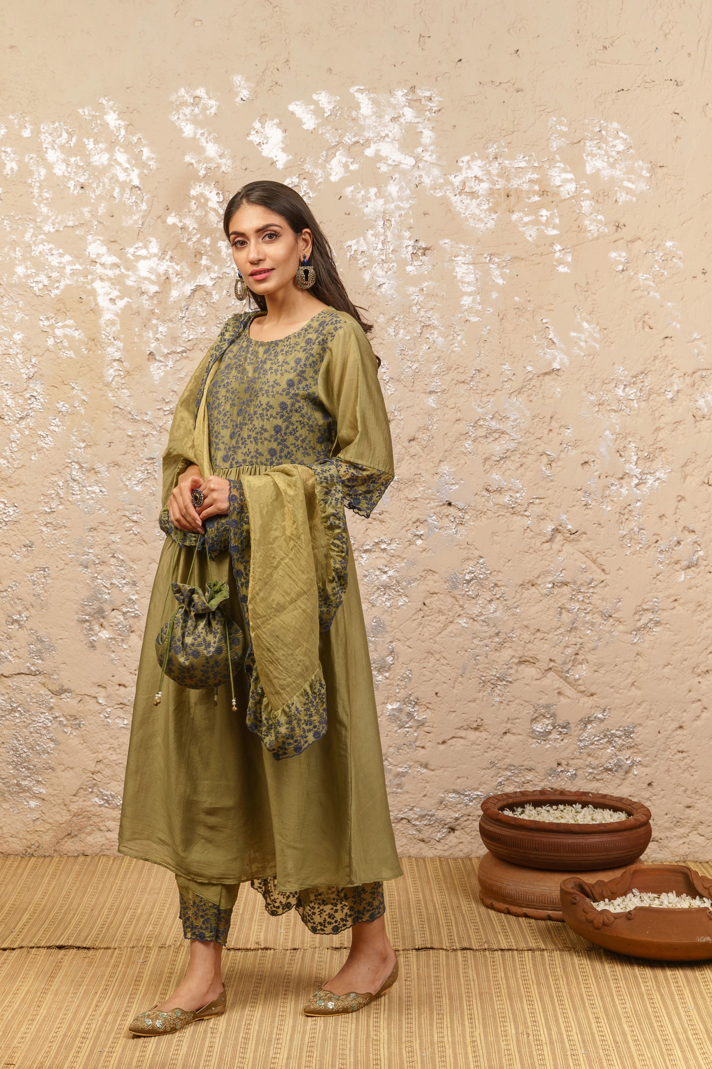 Seaweed Green Kurta With Pants And Dupatta - Naaz By Noor