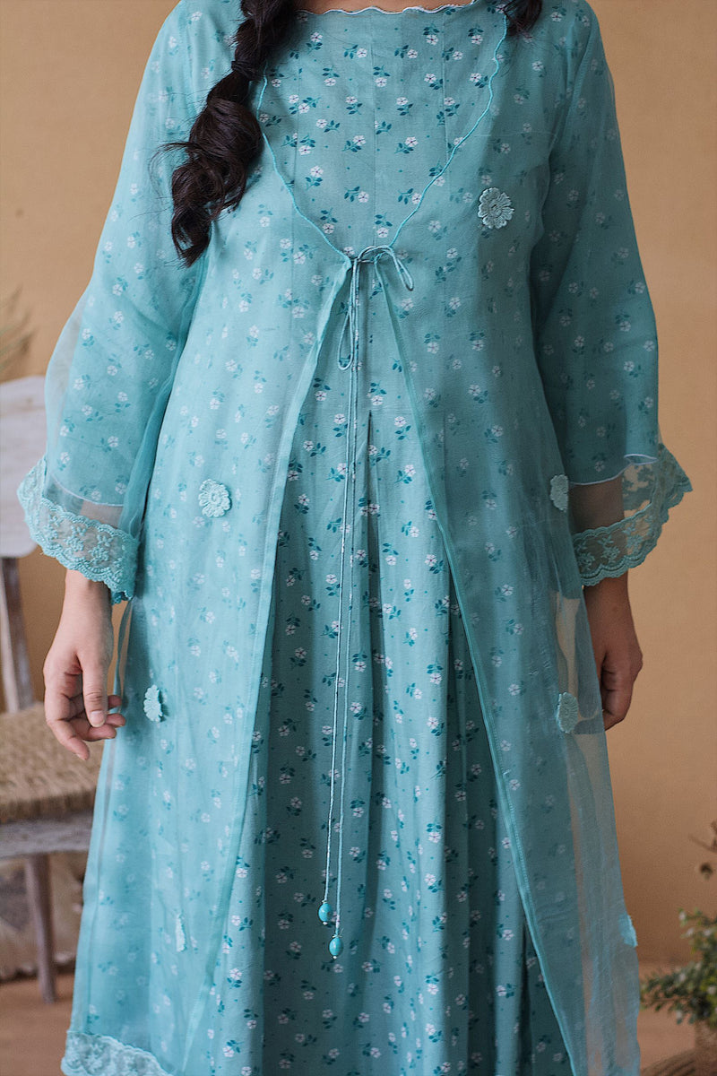 THE POPPY BLUE DRESS WITH ORGANZA OVERLAY - Naaz By Noor