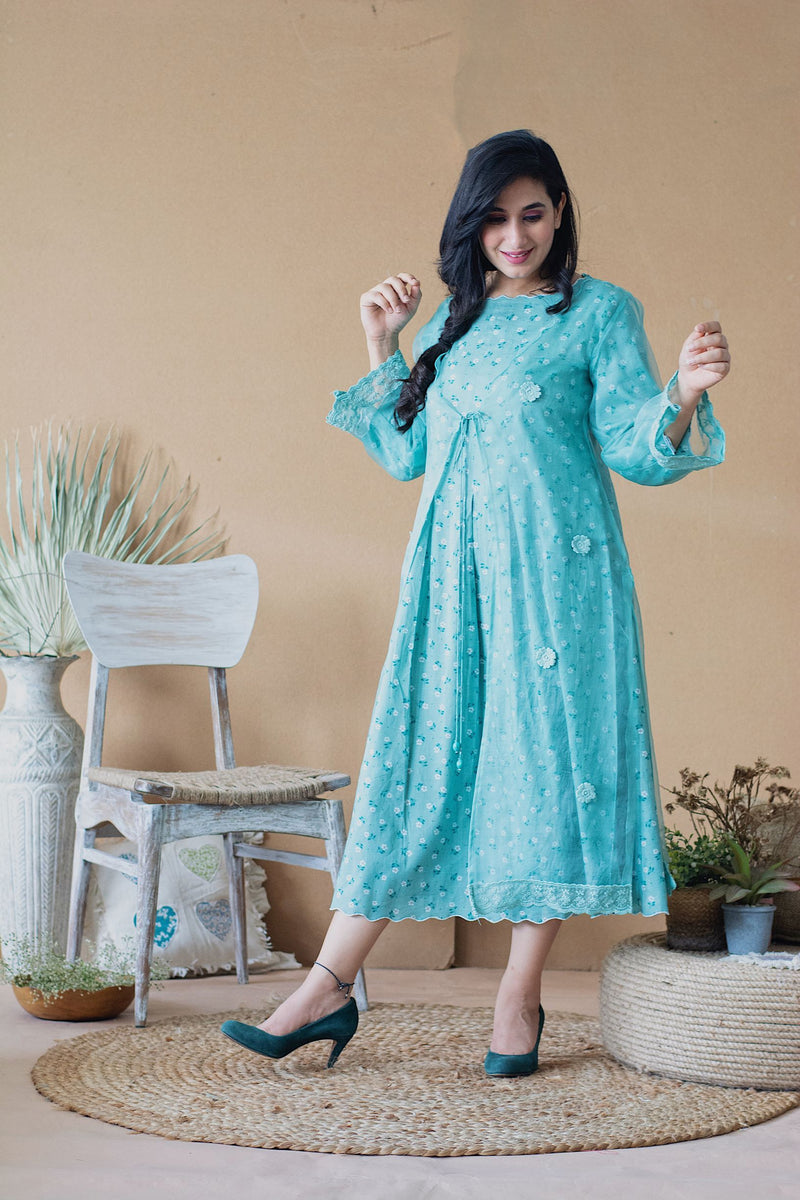 THE POPPY BLUE DRESS WITH ORGANZA OVERLAY - Naaz By Noor