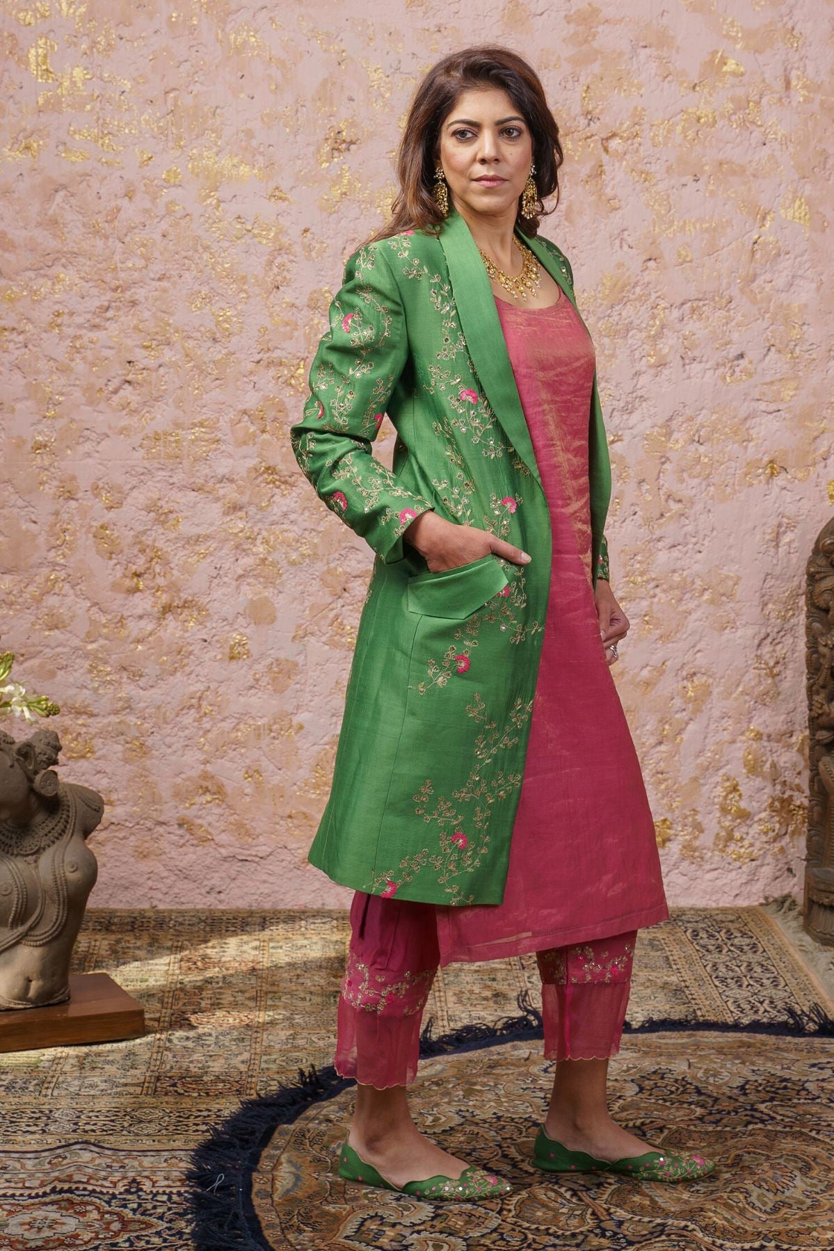Vintage Green Jacket With Kurta Set - Naaz By Noor