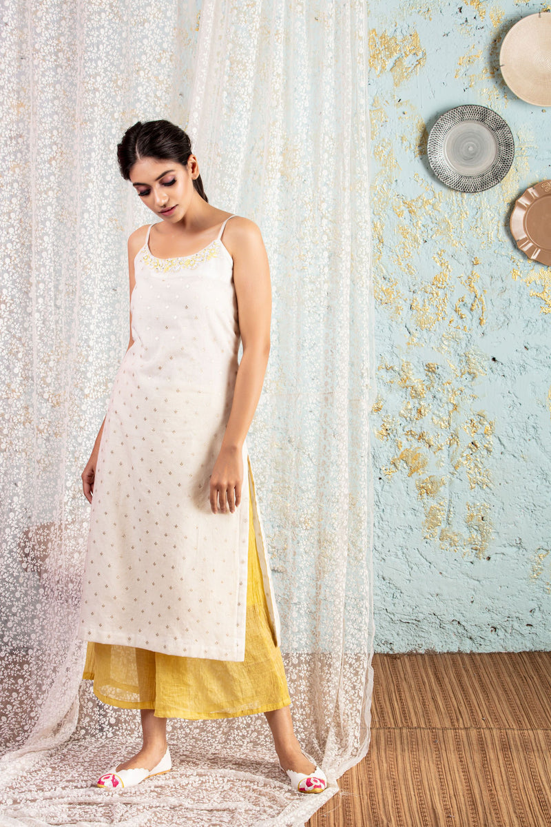 White Tunic With Lemon Overlay With Pants - Naaz By Noor