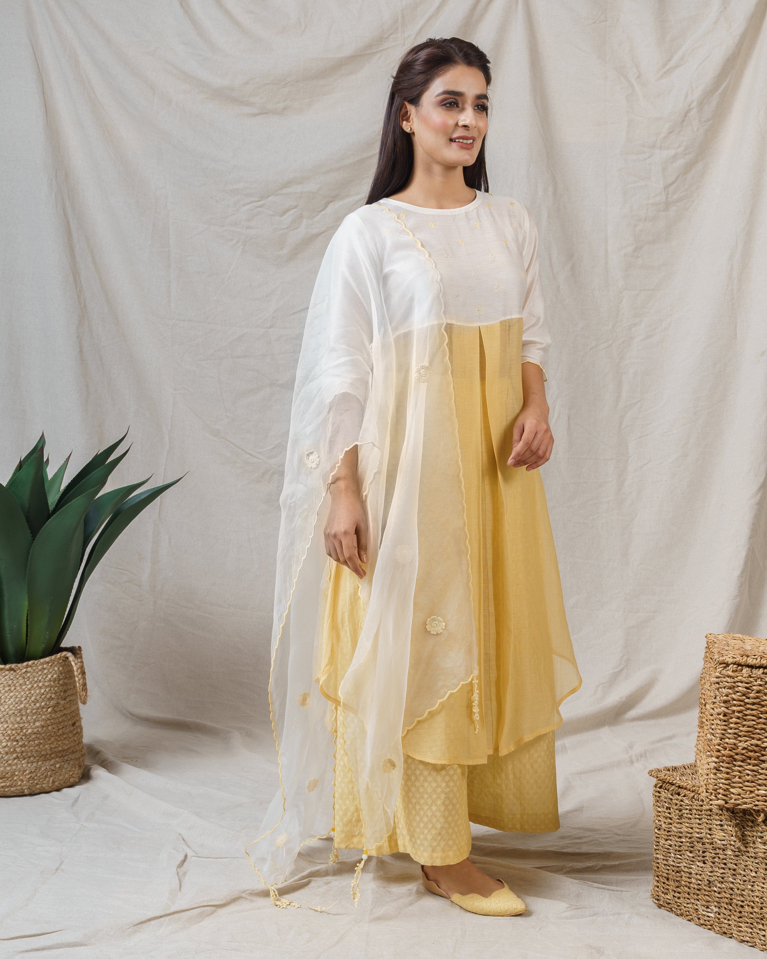 Yellow iris and pearl white ensemble ( without dupatta ) - Naaz By Noor