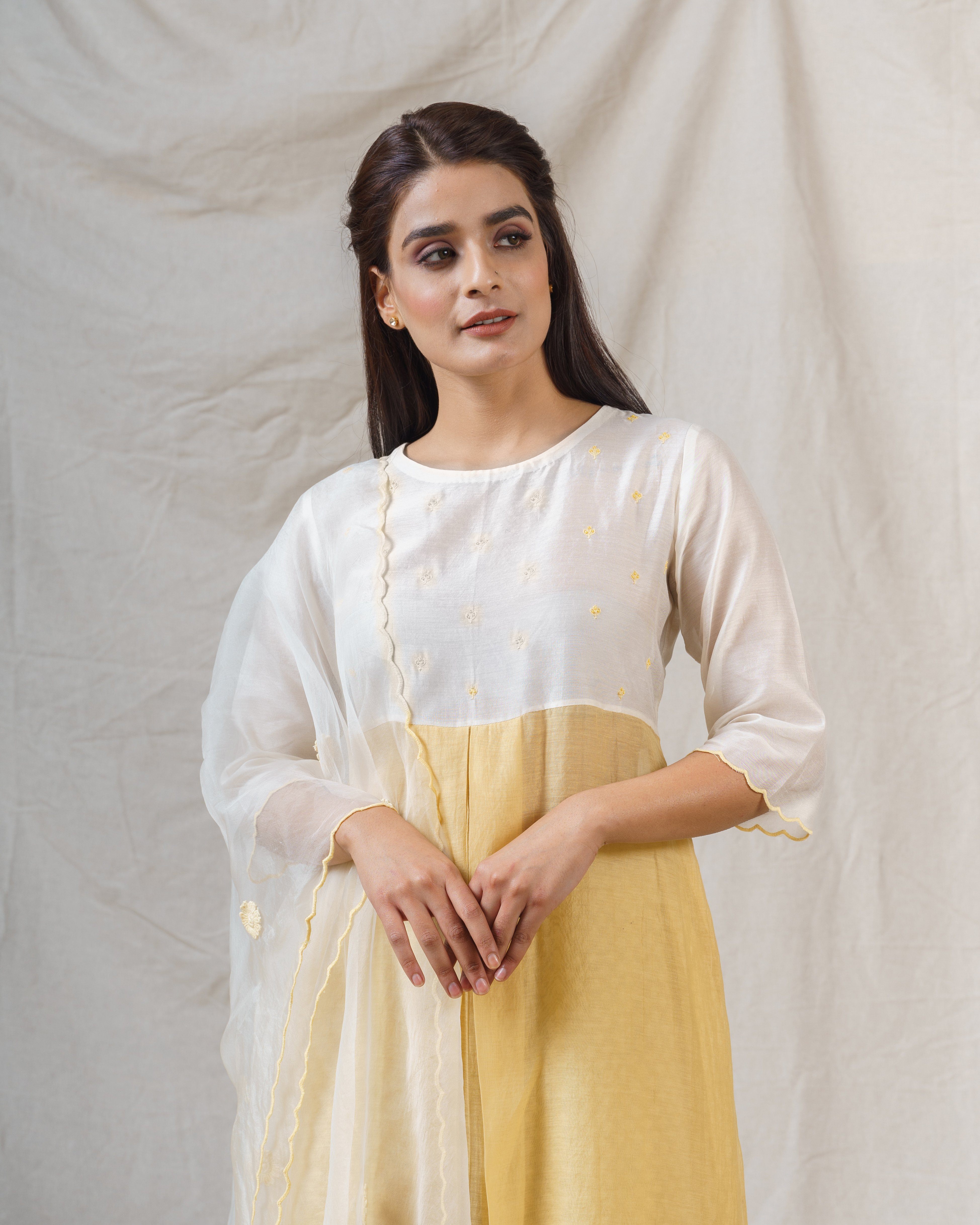 Yellow iris and pearl white ensemble ( without dupatta ) - Naaz By Noor
