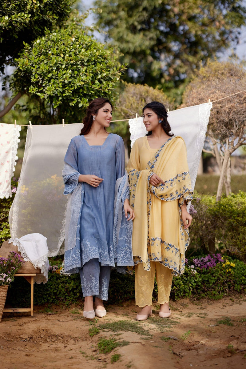 BLUE AFRICAN LILY fields- set of 3( A-line kurta, pants & dupatta) Naaz By Noor 