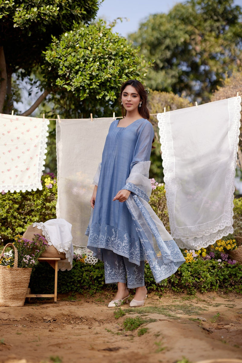 BLUE AFRICAN LILY fields- set of 3( A-line kurta, pants & dupatta) Naaz By Noor 