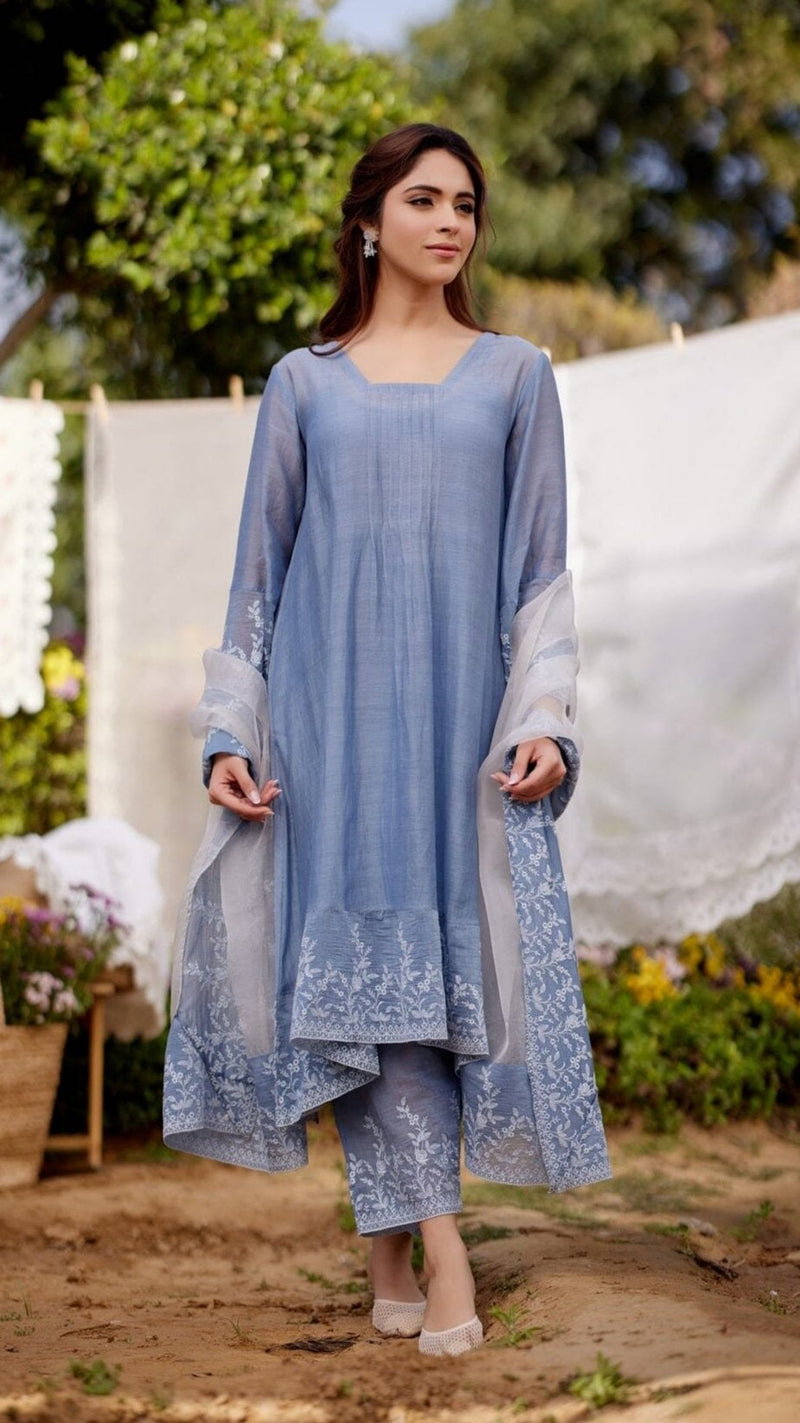 BLUE AFRICAN LILY fields- set of 3( A-line kurta, pants & dupatta) Naaz By Noor 