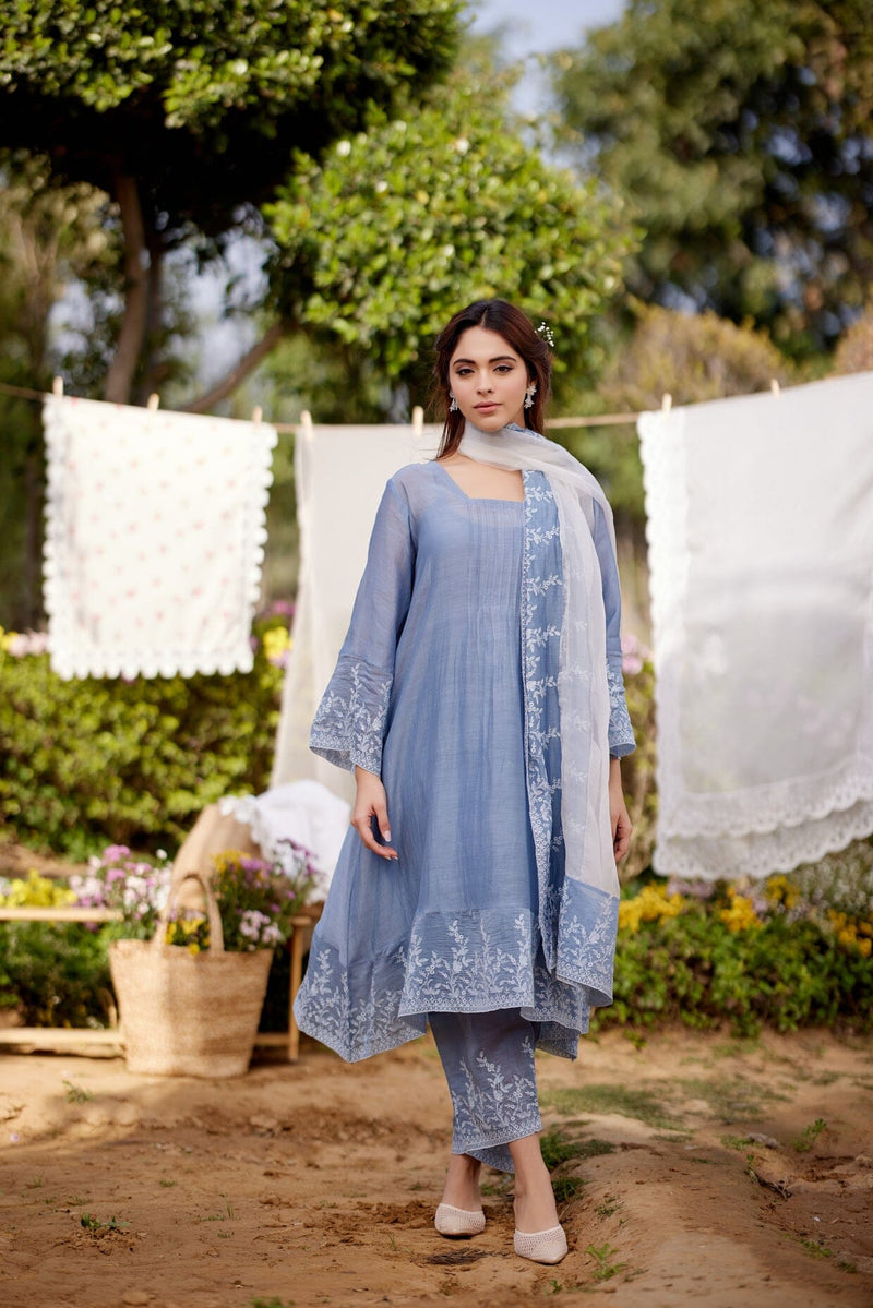 BLUE AFRICAN LILY fields- set of 3( A-line kurta, pants & dupatta) Naaz By Noor 