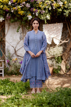 BLUE AFRICAN LILY fields-set of 3 ( kurta, pant & dupatta) Naaz By Noor 