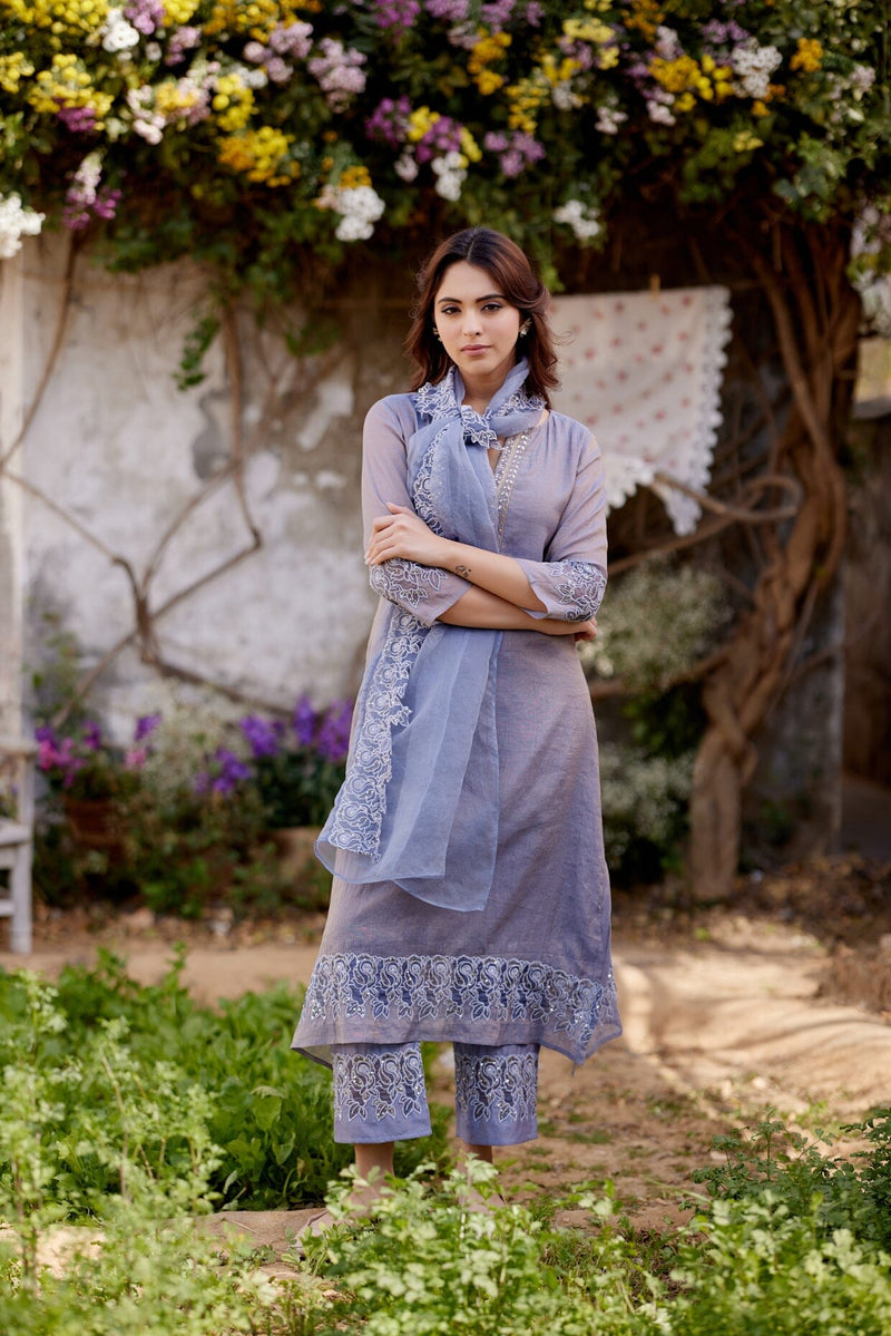 BLUE BUTTERFLY BLUSH fields- set of 3 ( kurta, pant & dupatta) Naaz By Noor 