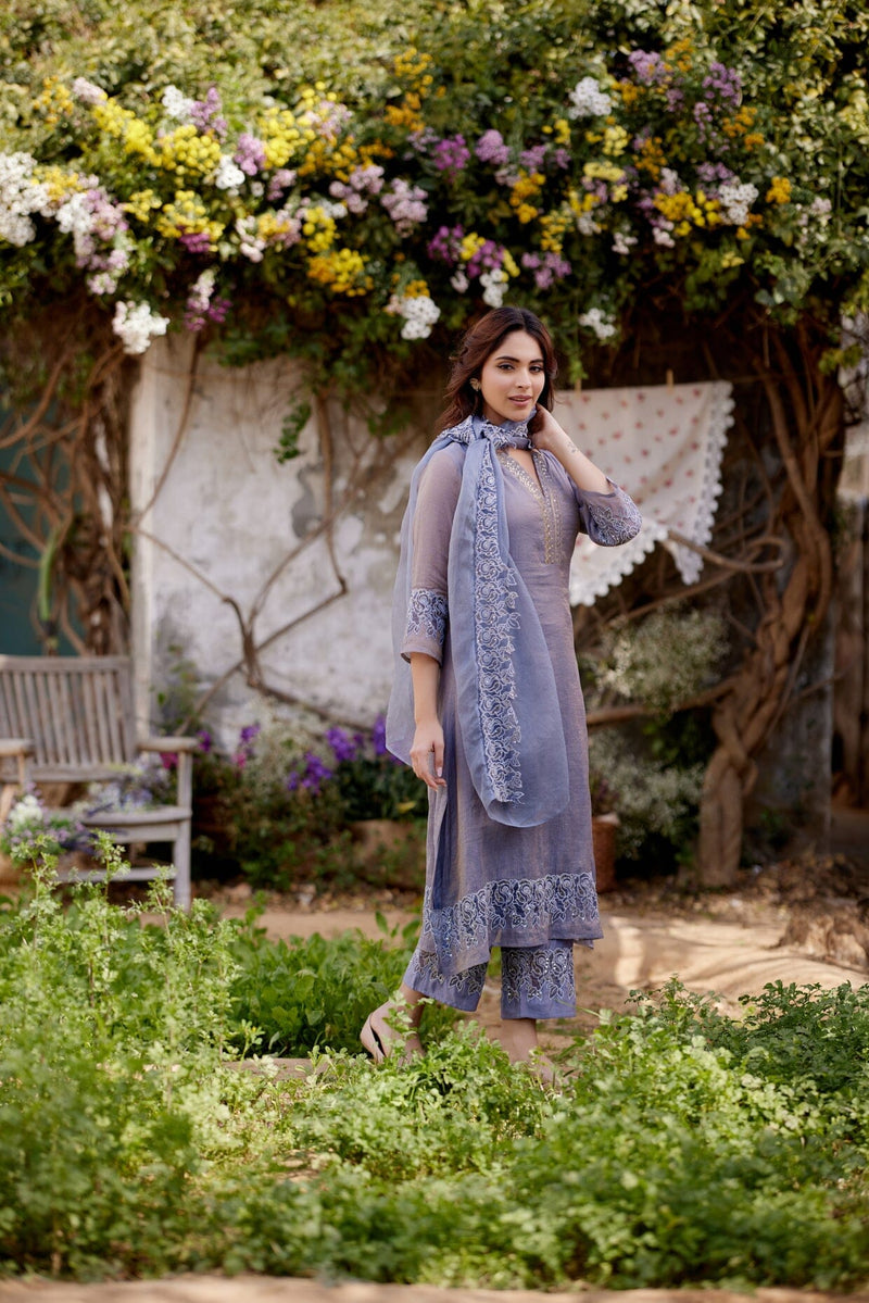 BLUE BUTTERFLY BLUSH fields- set of 3 ( kurta, pant & dupatta) Naaz By Noor 