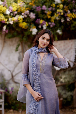 BLUE BUTTERFLY BLUSH fields- set of 3 ( kurta, pant & dupatta) Naaz By Noor 