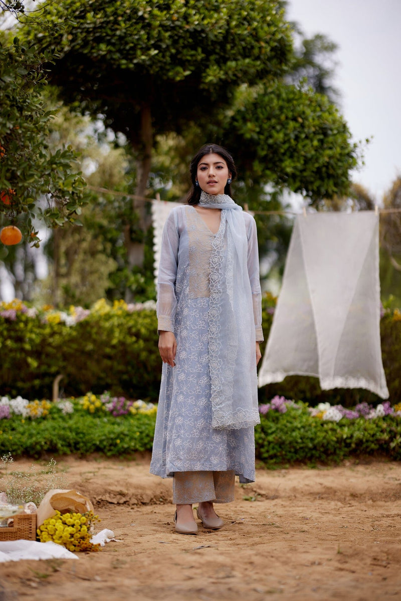 BLUE HIMALAYAN POPPY fields-set of 3(kurta, pant & dupatta) Naaz By Noor 