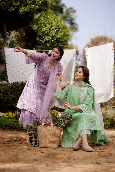 GREEN CALLA LILY-set of 3 ( A-line kurta, pant & dupatta) Naaz By Noor 
