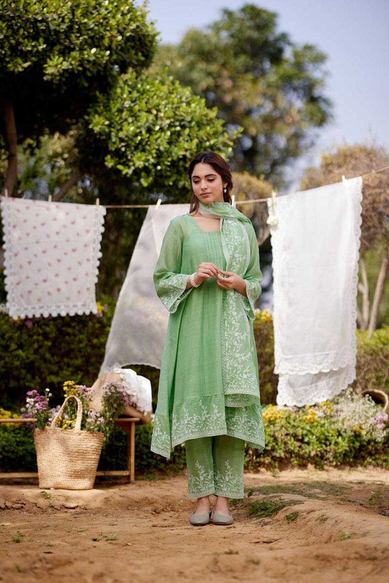 GREEN CALLA LILY-set of 3 ( A-line kurta, pant & dupatta) Naaz By Noor 