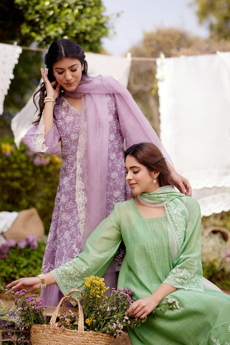 GREEN CALLA LILY-set of 3 ( A-line kurta, pant & dupatta) Naaz By Noor 