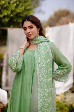 GREEN CALLA LILY-set of 3 ( A-line kurta, pant & dupatta) Naaz By Noor 