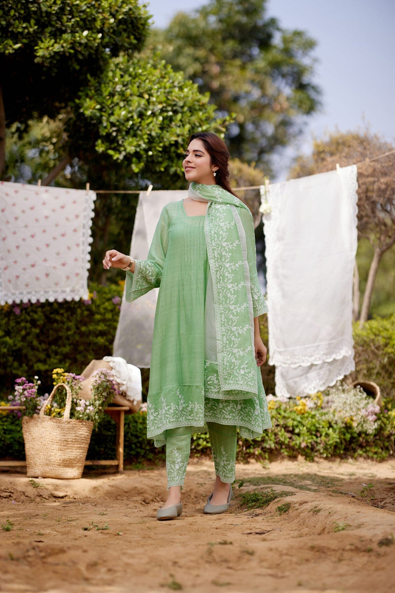 GREEN CALLA LILY-set of 3 ( A-line kurta, pant & dupatta) Naaz By Noor 