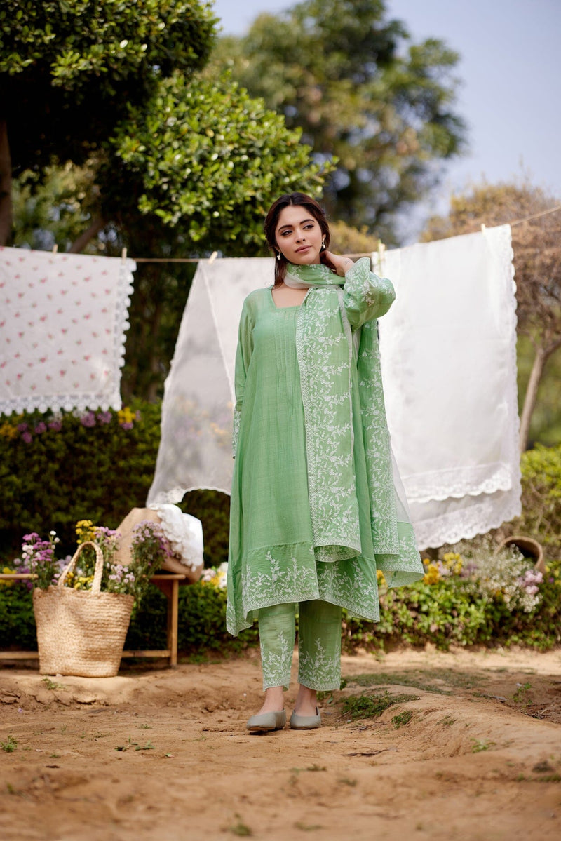 GREEN CALLA LILY-set of 3 ( A-line kurta, pant & dupatta) Naaz By Noor 