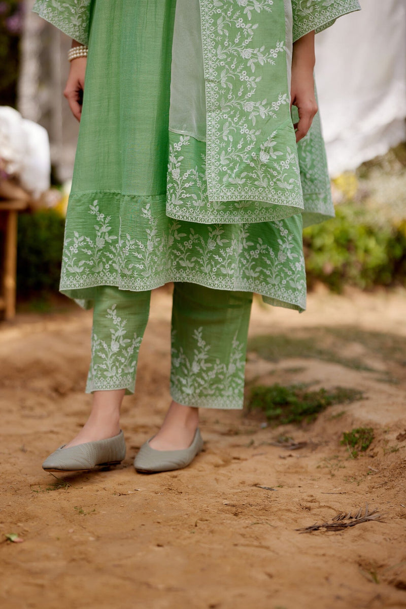GREEN CALLA LILY-set of 3 ( A-line kurta, pant & dupatta) Naaz By Noor 