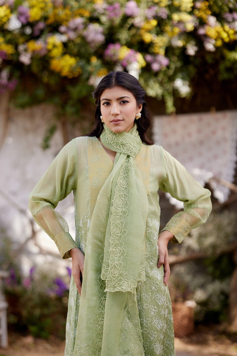 GREEN LADY'S MANTLE fields -set of 3(kurta, pant & dupatta) Naaz By Noor 