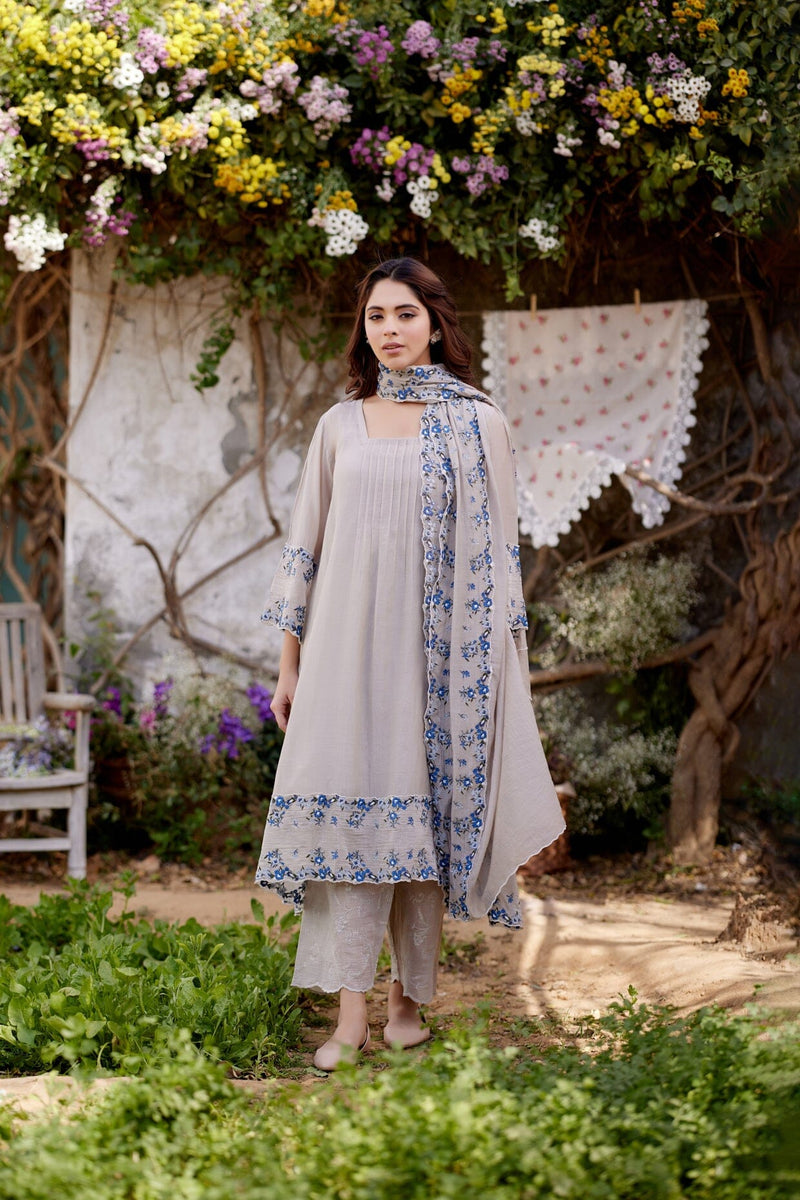 GREY IRIS fields- set of 3 ( A- line kurta, pant & dupatta) Naaz By Noor 