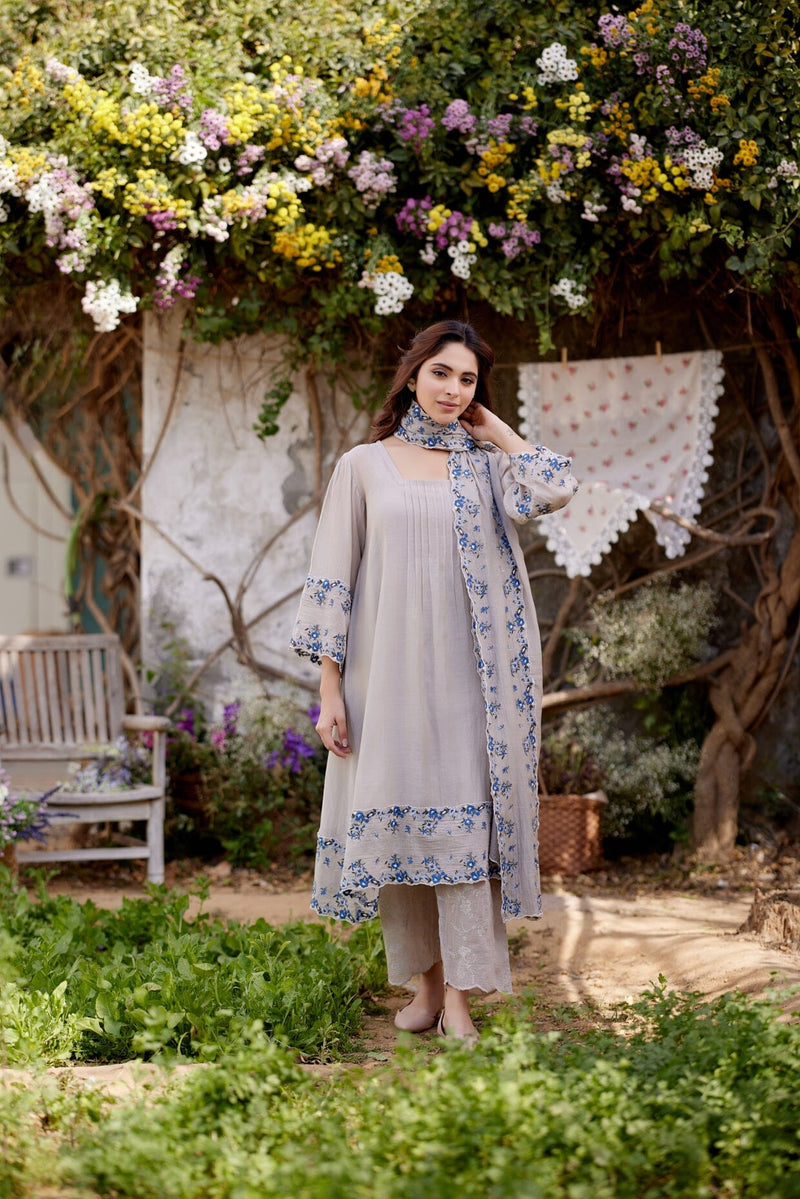 GREY IRIS fields- set of 3 ( A- line kurta, pant & dupatta) Naaz By Noor 