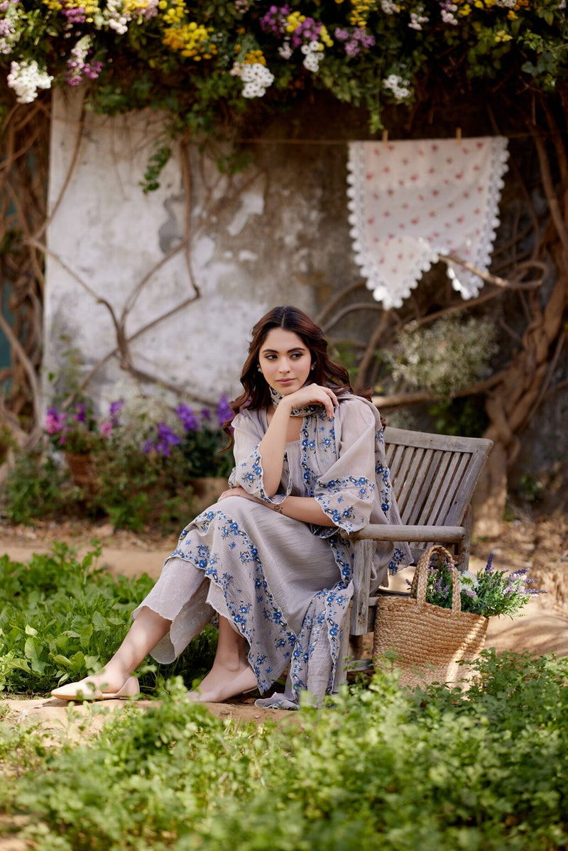 GREY IRIS fields- set of 3 ( A- line kurta, pant & dupatta) Naaz By Noor 