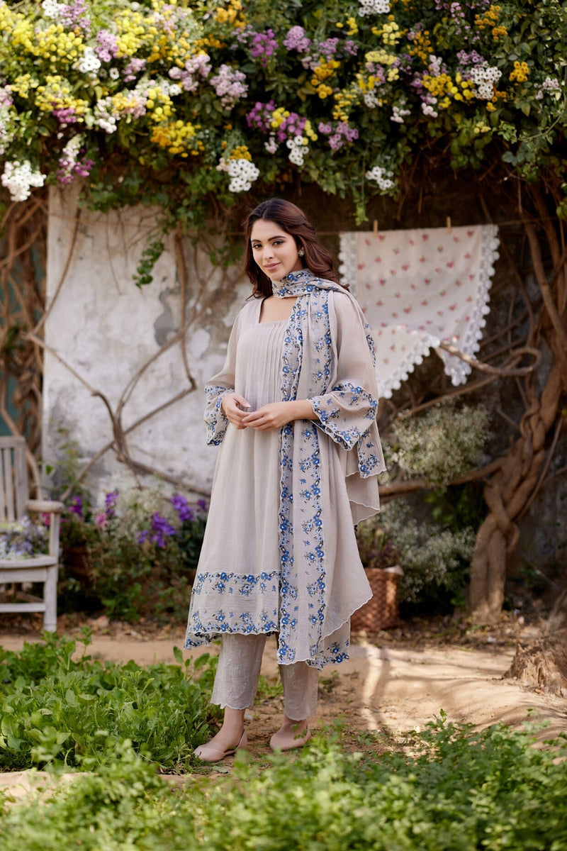 GREY IRIS fields- set of 3 ( A- line kurta, pant & dupatta) Naaz By Noor 