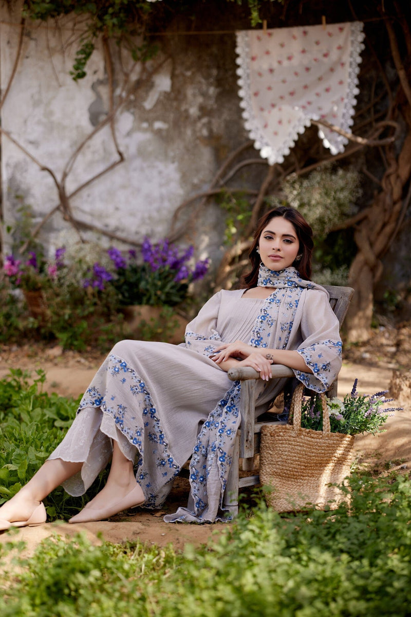 GREY IRIS fields- set of 3 ( A- line kurta, pant & dupatta) Naaz By Noor 