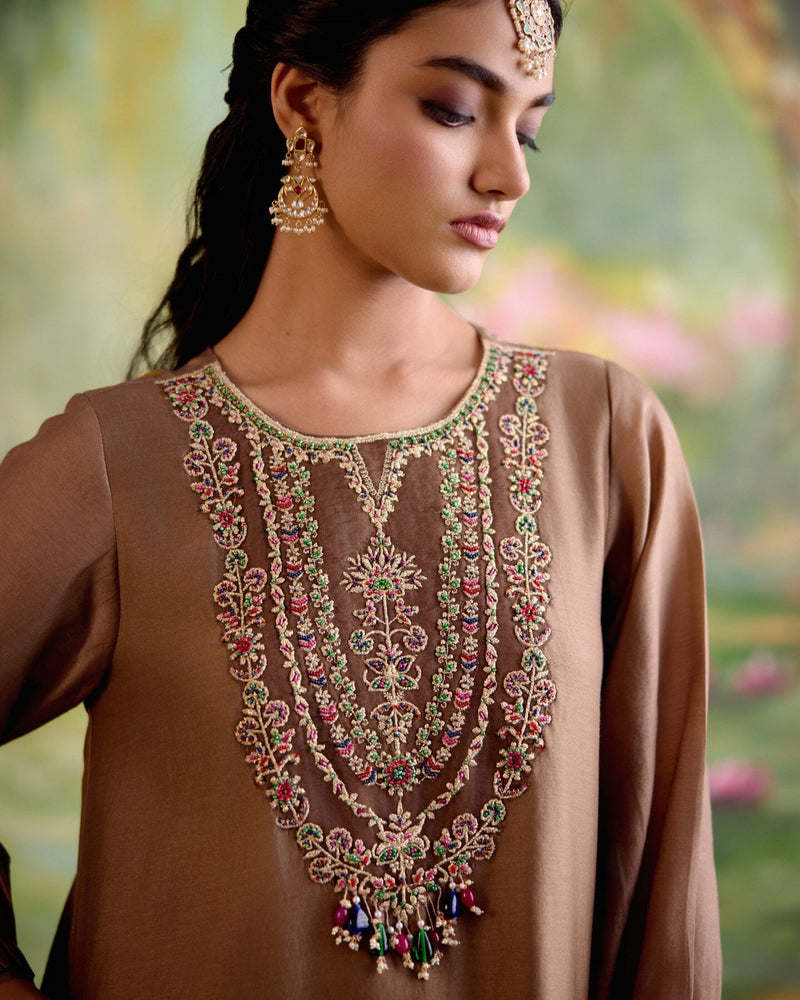 JOR BAAGH BROWN-SET OF 3 ( kurta, pant & dupatta) Naaz By Noor 