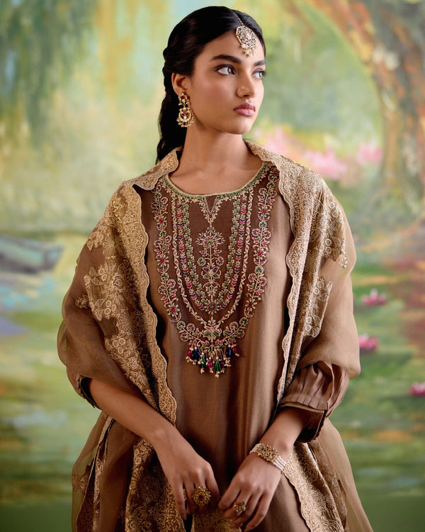 JOR BAAGH BROWN-SET OF 3 ( kurta, pant & dupatta) Naaz By Noor 
