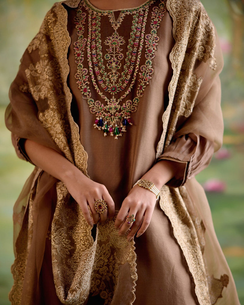 JOR BAAGH BROWN-SET OF 3 ( kurta, pant & dupatta) Naaz By Noor 