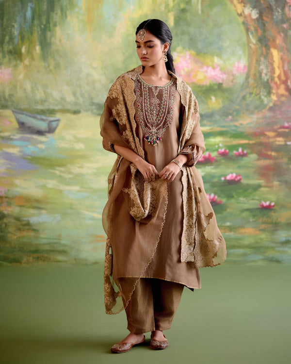 JOR BAAGH BROWN-SET OF 3 ( kurta, pant & dupatta) Naaz By Noor 