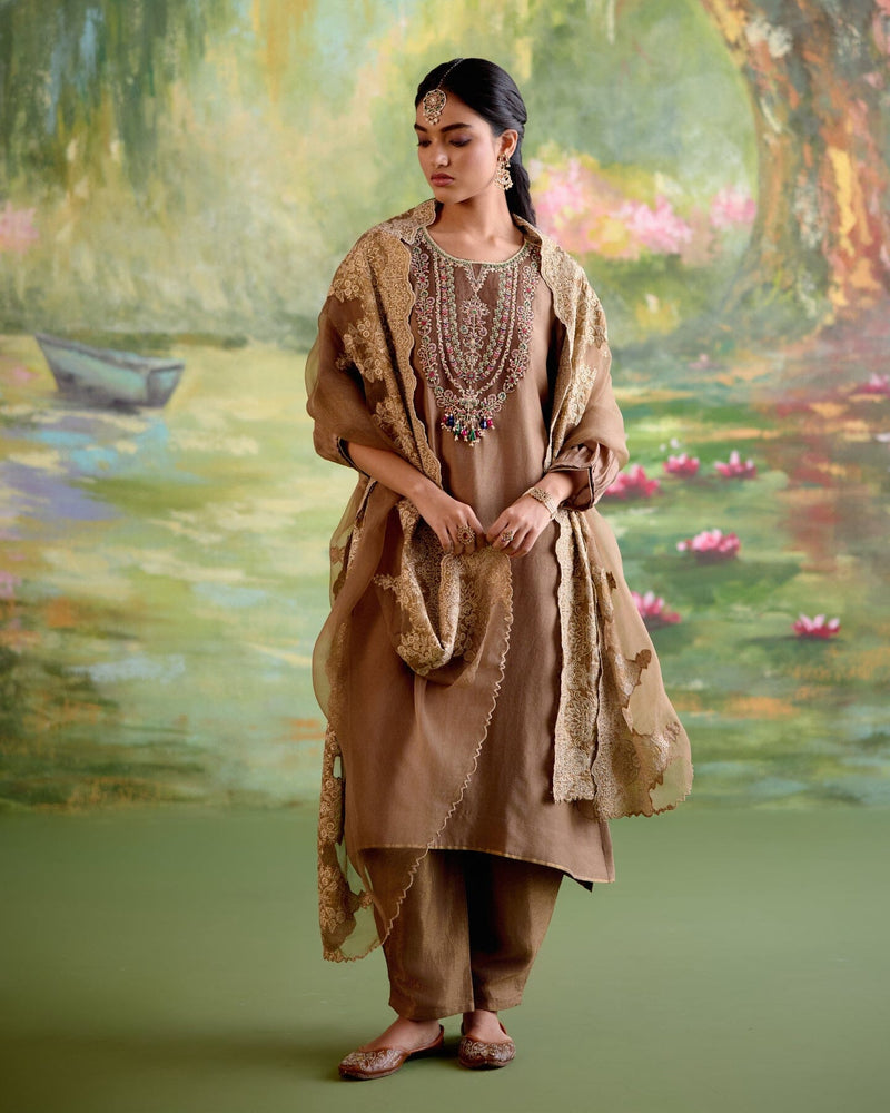 JOR BAAGH BROWN-SET OF 3 ( kurta, pant & dupatta) Naaz By Noor 