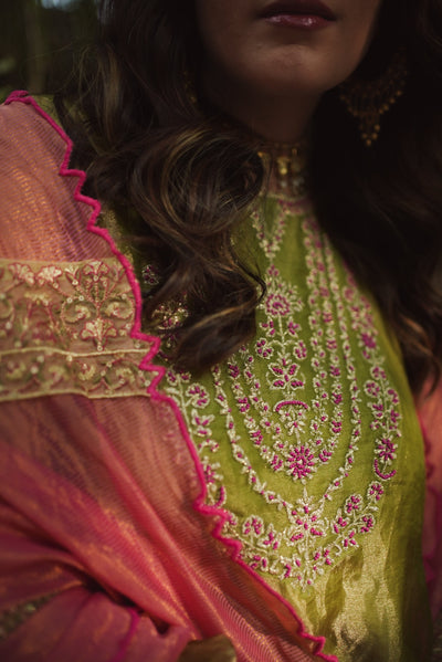 JOR BAAGH SOFT GREEN & HOT PINK SET OF 3( kurta, pant & dupatta) Naaz By Noor 