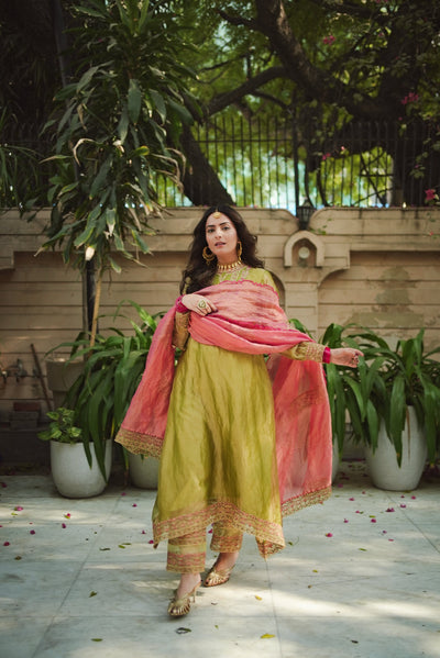 JOR BAAGH SOFT GREEN & HOT PINK SET OF 3( kurta, pant & dupatta) Naaz By Noor 